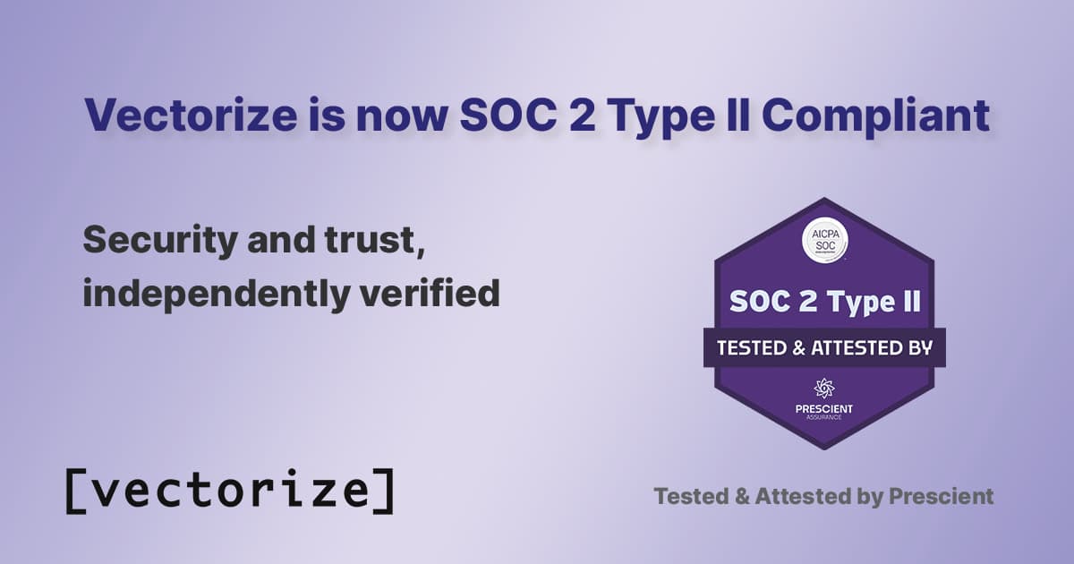 Announcement image showing the Vectorize SOC 2 Type II compliance milestone with the official Prescient Security ‘Tested and Attested’ badge. Text reads: ‘Vectorize is now SOC 2 Type II Compliant.’
