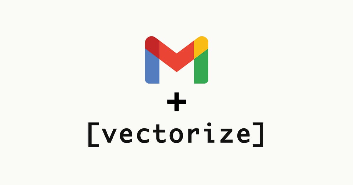 Gmail logo above the word Vectorize, joined by a plus sign — representing the new Gmail connector integration in Vectorize.